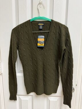 Ralph Lauren Rugby Olive Green Cable V-Neck Sweater